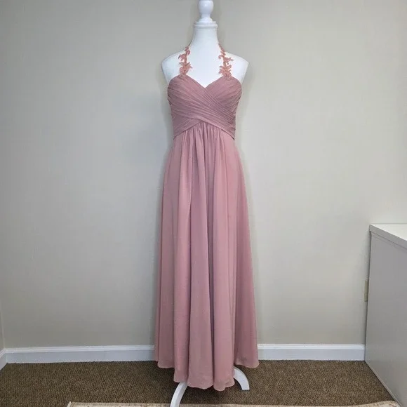 JJ's House Dusty Rose Chiffon Lace Halter Neck Formal Evening Gown Dress - Picture 3 of 9